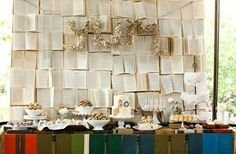 Amazing book backdrop for the top table at your wedding reception | From How To Have The Best Literary Wedding Ever on Buzzfeed