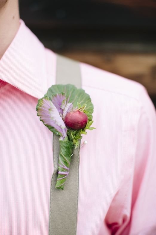 Vegetable patch inspired wedding floral crown, bouquet and buttonholes with herbs, cabbages and cornflowers: