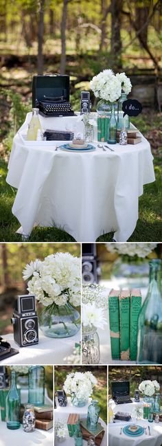 Perfect!! Typewritter, old books, a few antiques, flowers and the guest book! Not the white table cloth I just want a wooden table....