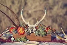 Love the antlers used in wedding reception with the succulents and the pheasant feathers - Gore!