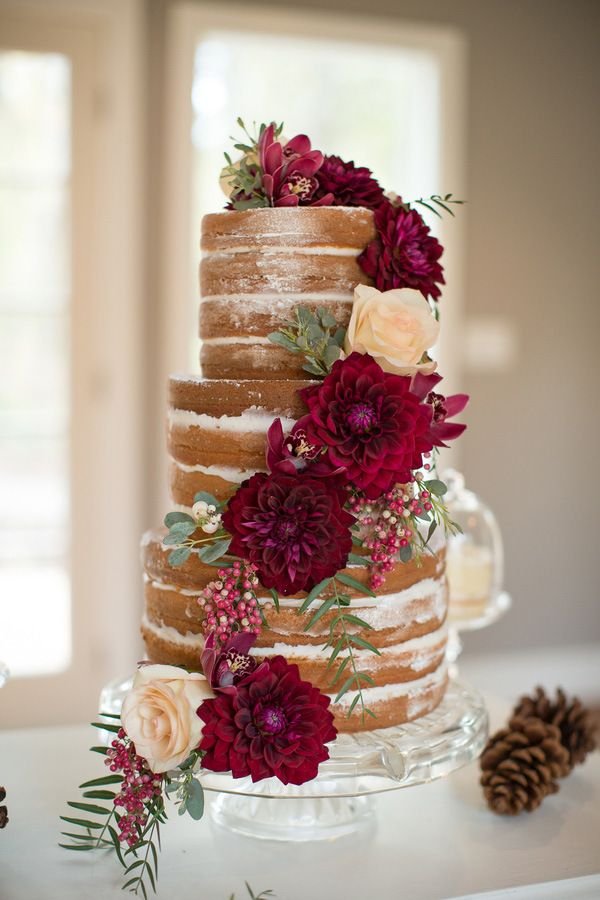 Rustic Naked Cake with Burgundy Dahlias | Ashley Cook Photography | Jewel Toned Autumn Woodland Wedding Shoot: 