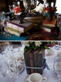 Library inspired tablescape. This is a great idea but make sure your guests know these are not to be taken. I had this happen at a wedding not more than 2-weeks ago!