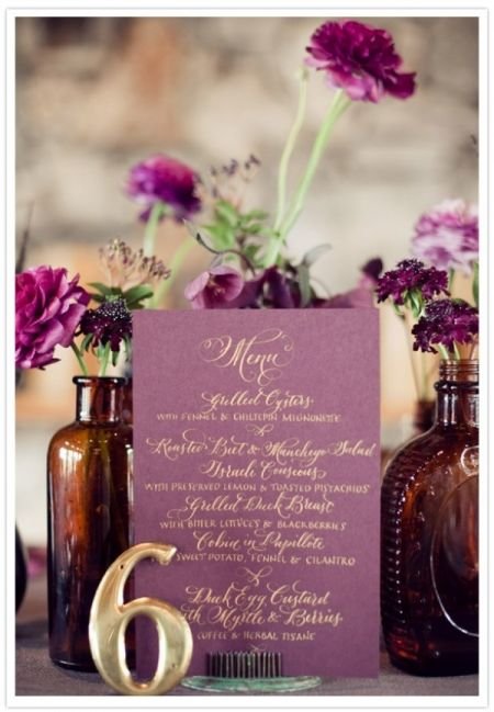 Rustic vases, plum flowers and burgundy menu with gold table numbers - delicious!: 