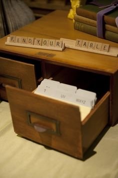 "Seating chart" in a card catalog drawer- would go with a Literary Love Story theme Keywords: #literarythemedweddings #jevelweddingplanning Follow Us: www.jevelweddingplanning.com www.facebook.com/jevelweddingplanning/