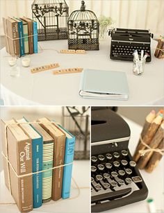 Table set up for guests to write on their well wishes.. look at those bird cages.