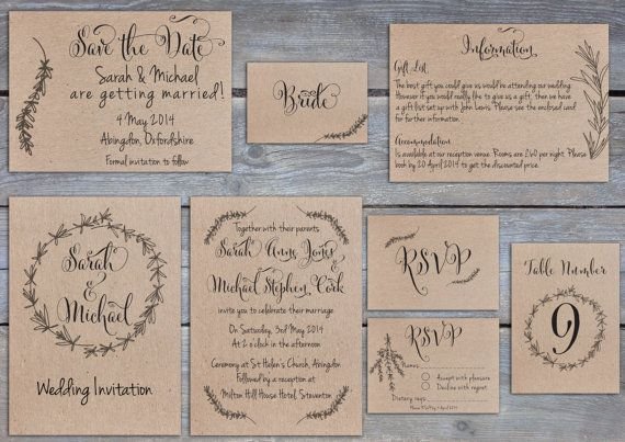 Printable Rustic rosemary wedding invitation, save the date, RSVP, table number, place card on kraft: