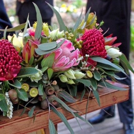 Red waratah, gum nuts, pink protea, serruria (blushing bride), pieris (Andromeda), candlestick and acorn banksia, eucalyptus foliage, leucadendron 'safari sunset' - what a lot of choice!: 