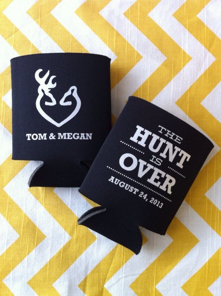 The Hunt is Over Wedding Koozies, Country themed wedding koozies, Deer antler koozies, Hunt Over theme koozies by RookDesignCo on Etsy: 