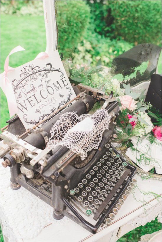 Welcome guests with a vintage typewriter. Event Design: Romancing The Stone Styling ---> http://www.weddingchicks.com/2014/05/08/shabby-chic-western-wedding/: