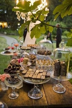 Dessert table - desserts served on glass plates & cake stands w covered cloches'