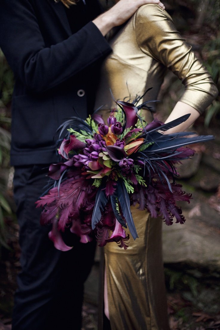 Snow White and the Huntsman Inspired Shoot - Kait Winston Photography - Black and Gold Wedding - Evil Queen - Feather Bouquet: