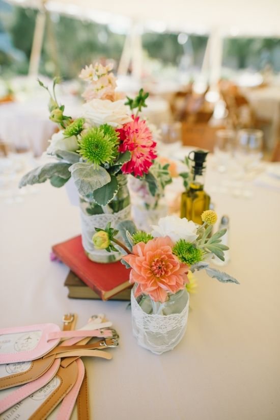 Shabby chic table décor using lace. http://www.weddingchicks.com: