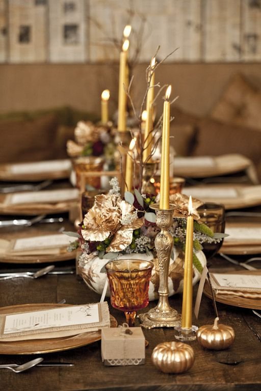 Rustic and Elegant: gold glowing candles in pewter holders, white pumpkin centerpieces, burlap napkins, wood chargers: 
