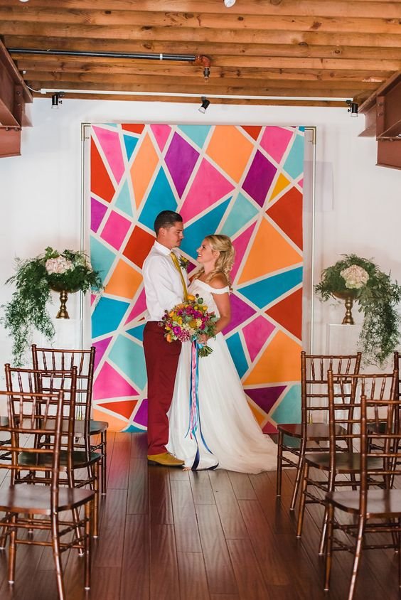 Colorful geometric ceremony backdrop: 